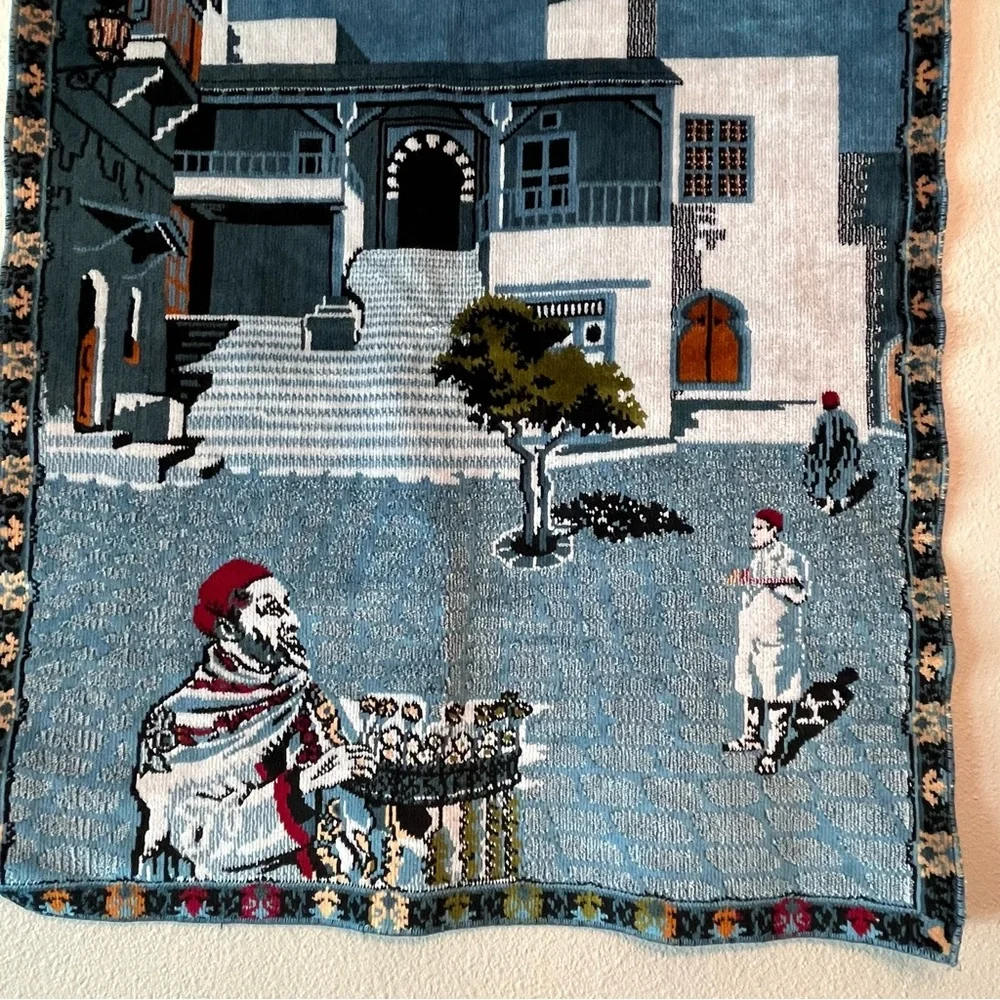 Vintage 90s Tunisian Velvet Fabric Tapestry Carpet Wall Decor 27”x34”